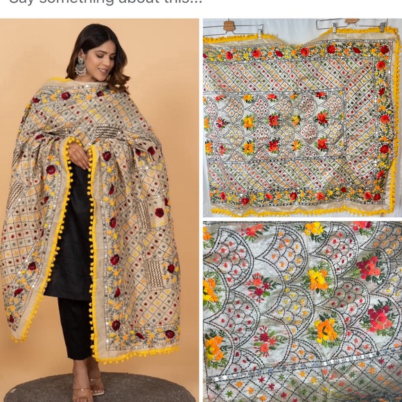 Shawl Raw Yellow Pom Pom Silk Handmade mirror and thread Pom pom scarf long - Picture 3 of 6